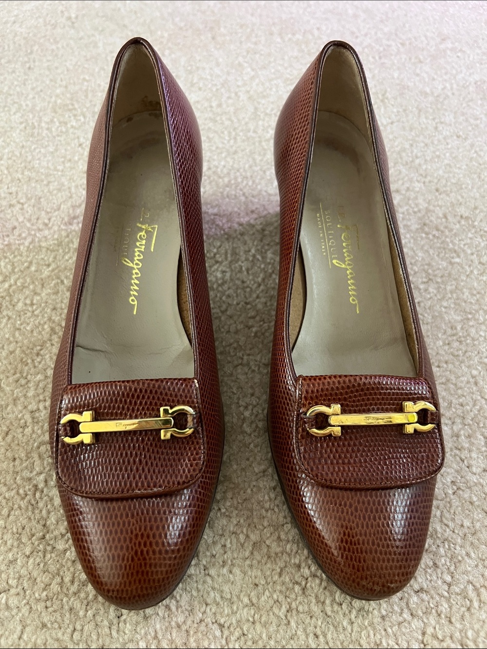 Salvatore Ferragamo Brown Lizard-Embossed Leather Loafers with Gold Bit